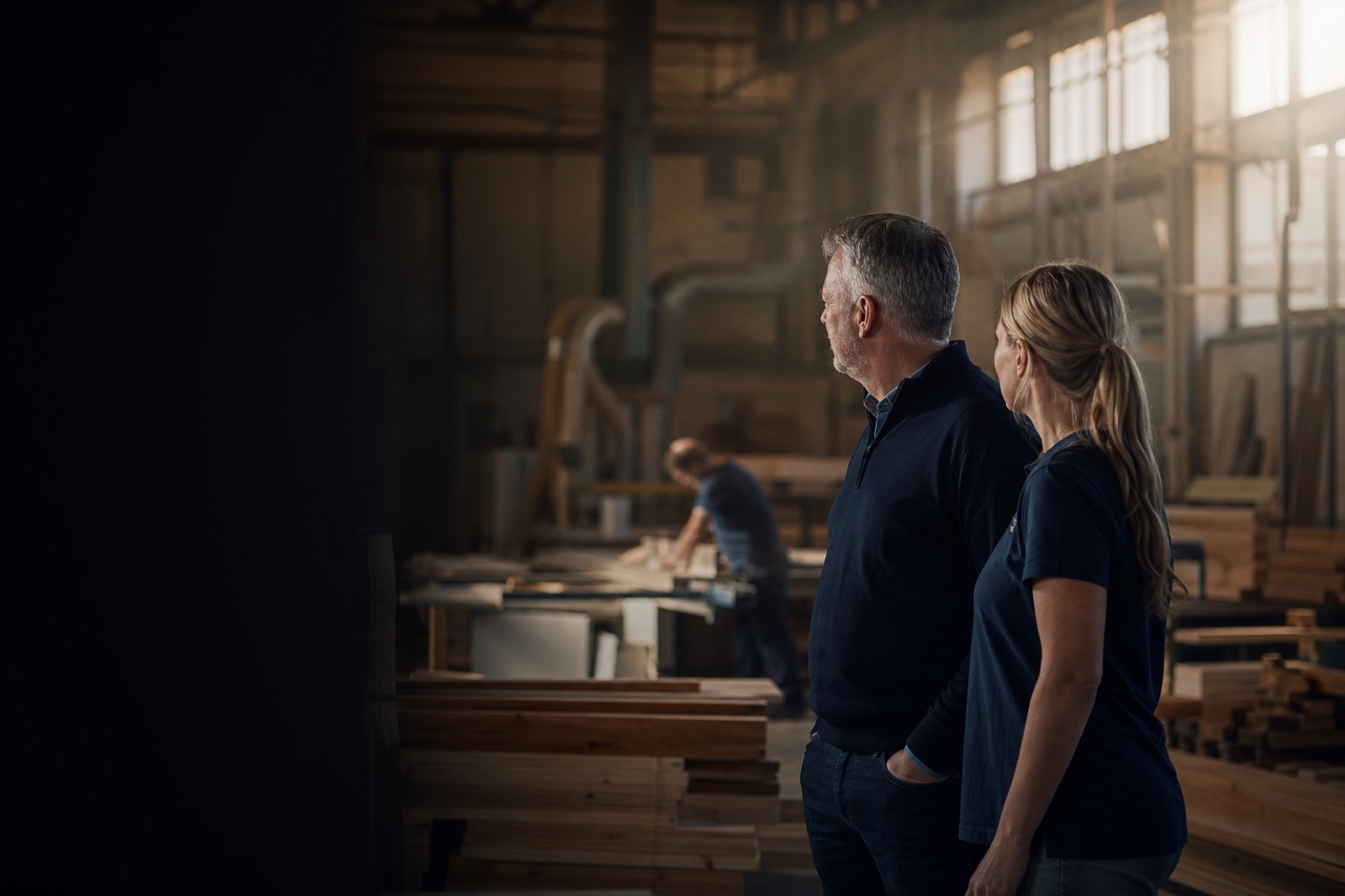 Two company directors walking through their joinery workshop